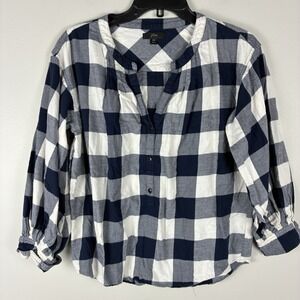 J Crew V Neck Shirt Women XS Blue Buffalo Plaid Long Sleeve Relaxed County